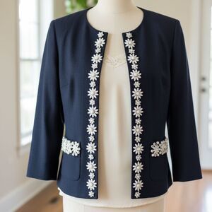 Talbots Blazer Navy Open Bead 3/4 Sleeve Old Money Cottagecore Nautical Preppy 8